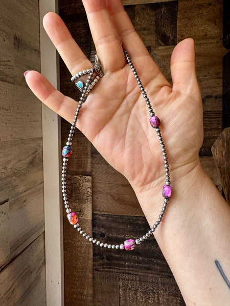 5 Pink dye Turquoise Choker and Sterling Silver Pearls