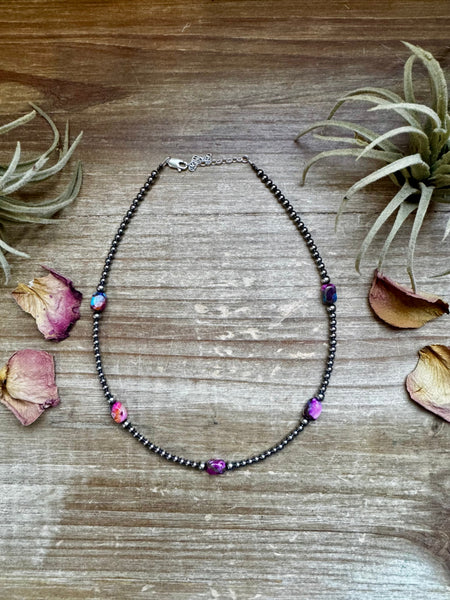 5 Pink dye Turquoise Choker and Sterling Silver Pearls