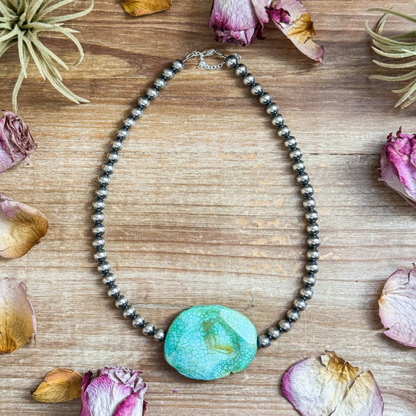Turquoise Nugget & 8 mm Sterling Silver Pearl Necklace – 17”