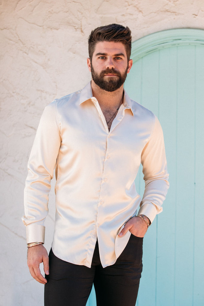 Men's Satin Cream Dress Shirt – Rhinestone Divaz
