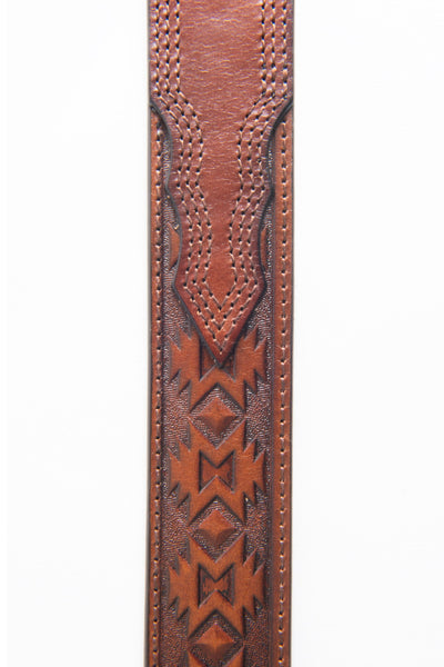 Mens Genuine Leather Aztec 3D Embossed Belt - Brown