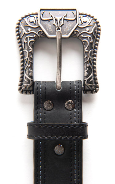 Mens Genuine Leather Aztec Embroidery Belt - Black