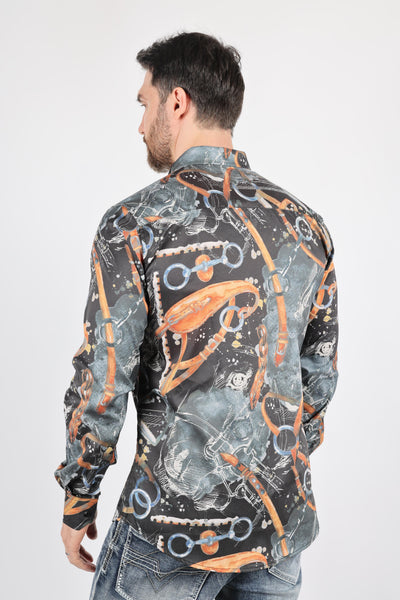 Mens Long Sleeve Modern Fit Stretch Wild Horses Print Shirt