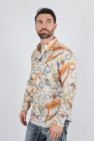 Mens Long Sleeve Modern Fit Stretch Wild Horses Print Shirt