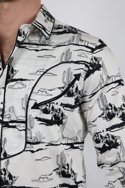 Mens Modern Fit Cotton Stretch Piping Cactus Monogram Print Shirt
