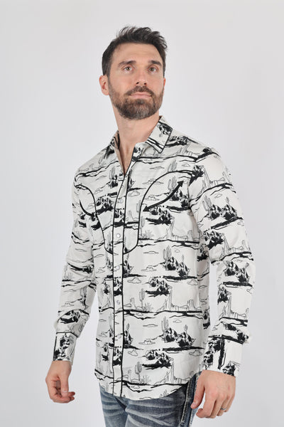 Mens Modern Fit Cotton Stretch Piping Cactus Monogram Print Shirt