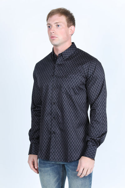 Mens Satin Cotton/Spandex Modern Fit Long Sleeve Shirt - Black
