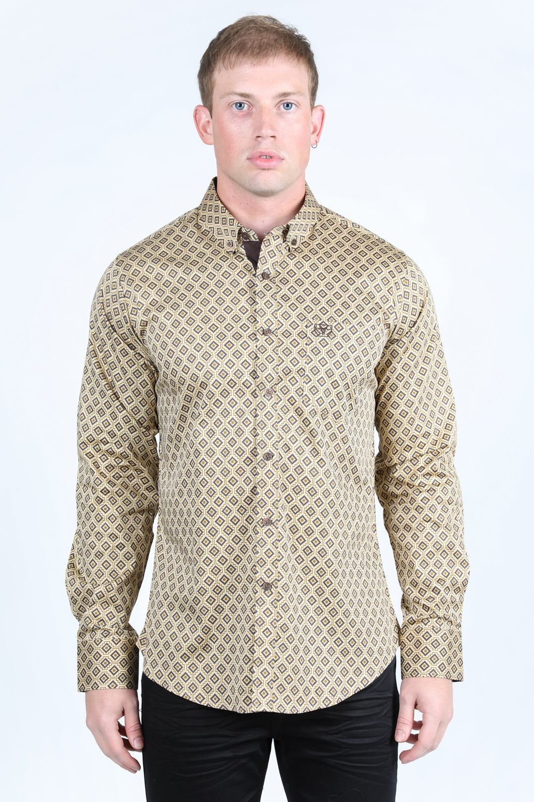 Mens Satin Cotton/Spandex Modern Fit Long Sleeve Shirt - Beige