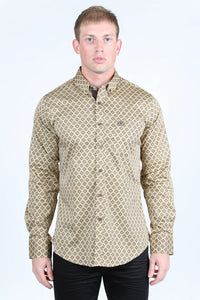 Mens Satin Cotton/Spandex Modern Fit Long Sleeve Shirt - Beige