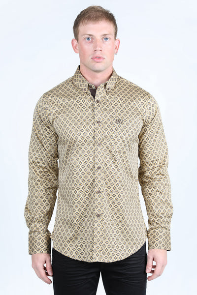 Mens Satin Cotton/Spandex Modern Fit Long Sleeve Shirt - Beige