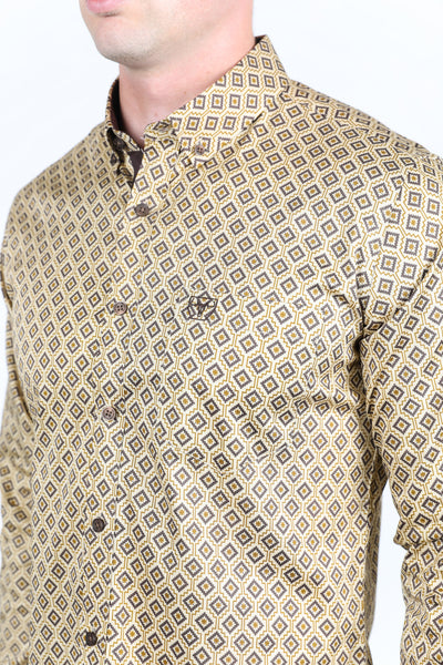 Mens Satin Cotton/Spandex Modern Fit Long Sleeve Shirt - Beige
