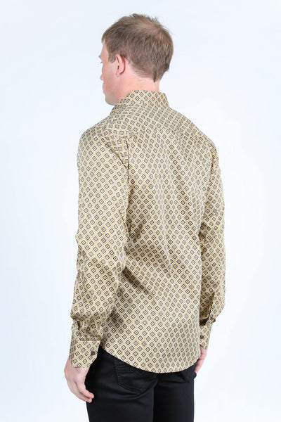 Mens Satin Cotton/Spandex Modern Fit Long Sleeve Shirt - Beige