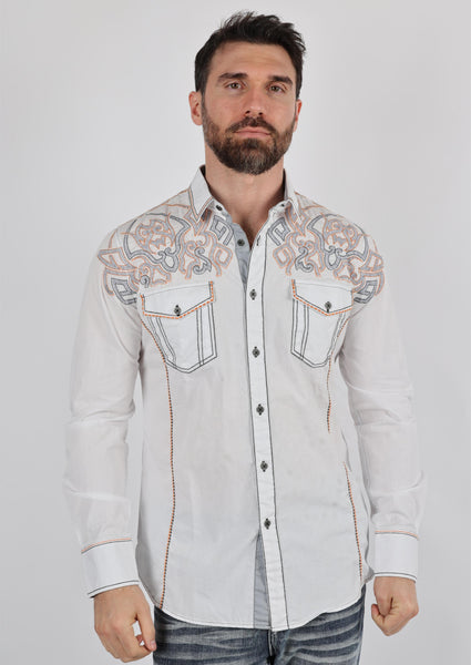 Mens Vintage Washed 2-tone Embroidery Modern Fit Stretch Shirt