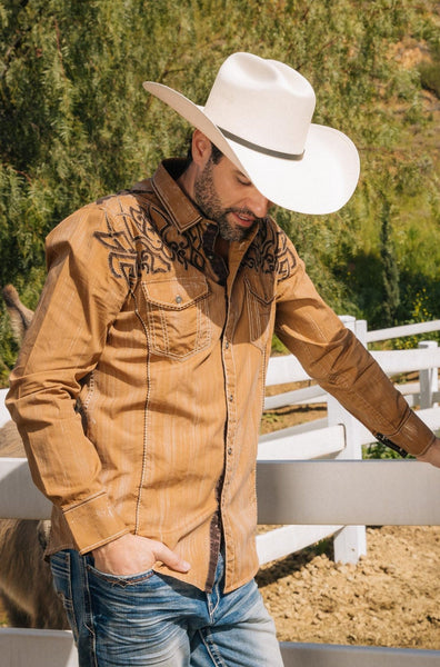Mens Vintage Washed 2-tone Embroidery Modern Fit Stretch Shirt