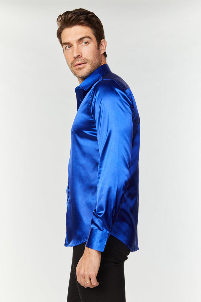Men's Satin Royal Blue Dress Shirt Rhinestone Divaz Men's Satin Royal Blue Dress Shirt Rhinestone Divaz