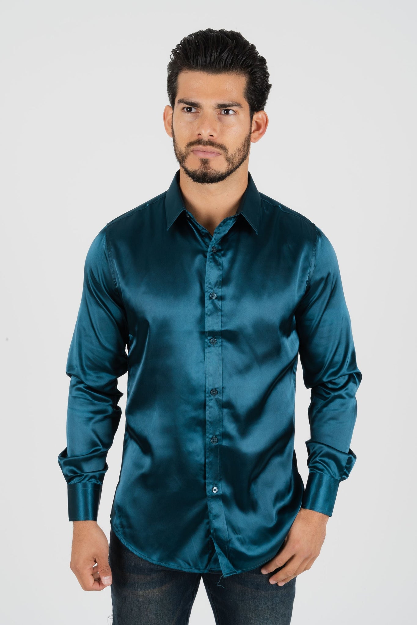 Men's Satin Teal Dress Shirt – Rhinestone Divaz