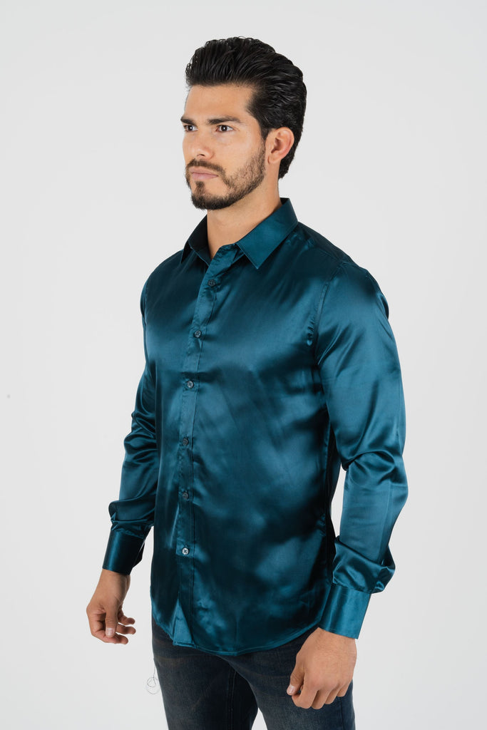 Men's Satin Teal Dress Shirt – Rhinestone Divaz