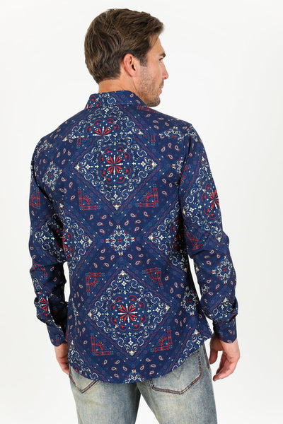 Men's Printed Navy Satin LS Shirt