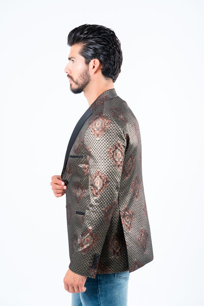 Men's Double Button Black Woven Printed Blazer