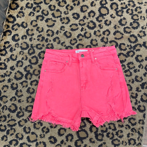 Neon Coral Distressed Shorts