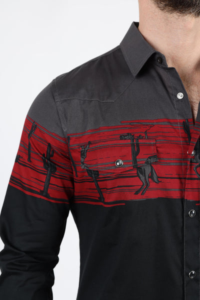 Men's Modern Fit Cotton Stretch Rodeo Panoramic Print Shirt