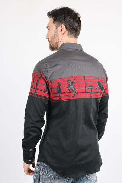 Men's Modern Fit Cotton Stretch Rodeo Panoramic Print Shirt
