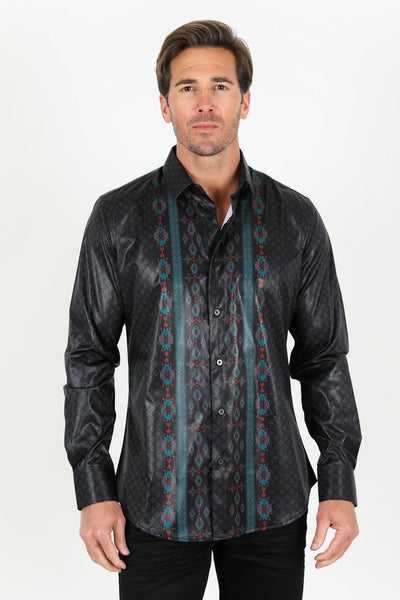 Mens Modern Fit Stretch Aztec Foiled Shirt - Black