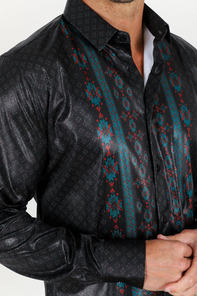 Mens Modern Fit Stretch Aztec Foiled Shirt - Black