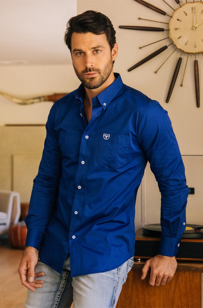 Men's Single Pocket Logo Modern Fit Stretch Dress Shirt - Royal Blue Rhinestone Divaz Men's Single Pocket Logo Modern Fit Stretch Dress Shirt - Royal Blue Rhinestone Divaz