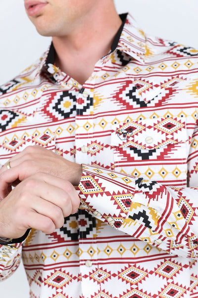 Men's Modern Fit Panoramic Aztec Print Long Sleeve Shirt - White