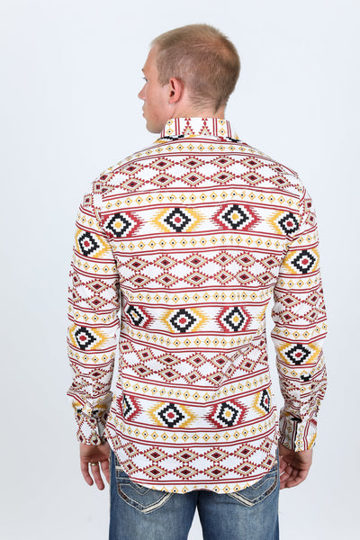 Men's Modern Fit Panoramic Aztec Print Long Sleeve Shirt - White