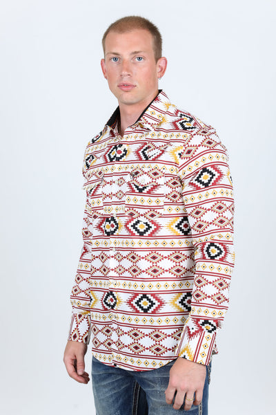 Men's Modern Fit Panoramic Aztec Print Long Sleeve Shirt - White