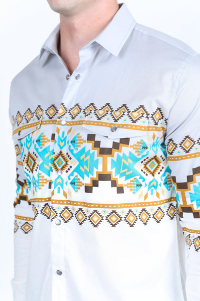 Men's Modern Fit Panoramic Aztec Print Long Sleeve Shirt - White