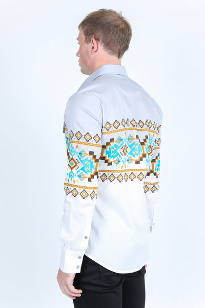 Men's Modern Fit Panoramic Aztec Print Long Sleeve Shirt - White
