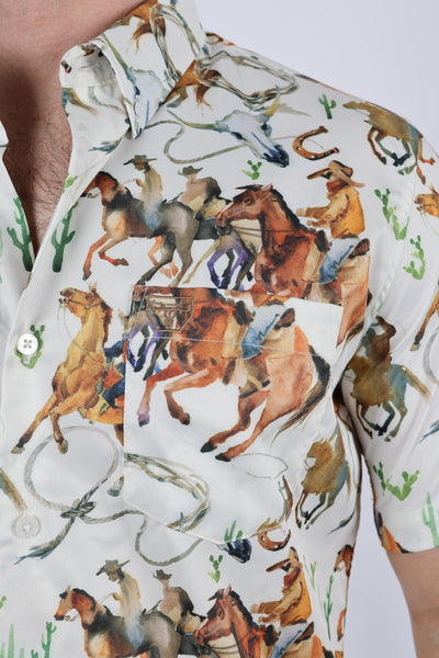 Mens Short Sleeve Modern Fit Stretch Wild Horses Print Shirt