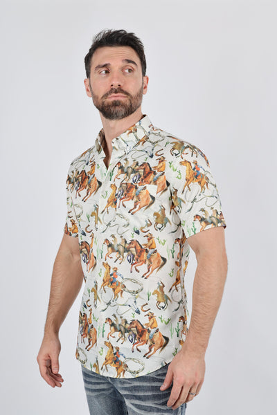 Mens Short Sleeve Modern Fit Stretch Wild Horses Print Shirt