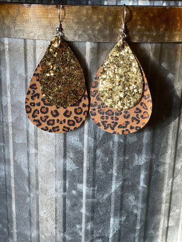 Leopard W/Gold Glitter Accent Double Layer Earrings