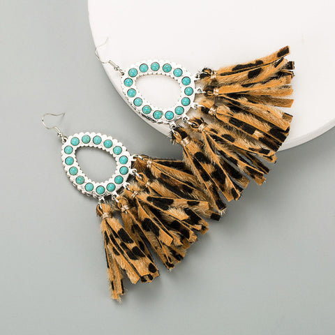 Leopard Fringe Turquoise Flare Earrings