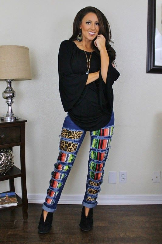 302 Serape/Leopard Distressed Jean