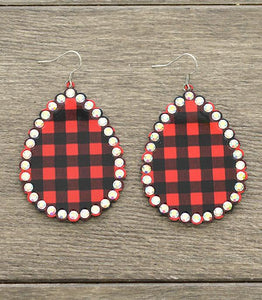 Red Plaid Rhinestone Earrings