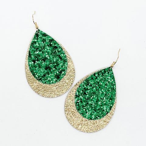 2.5" Green Glitter & Metallic Gold Layered Teardrops (leather)
