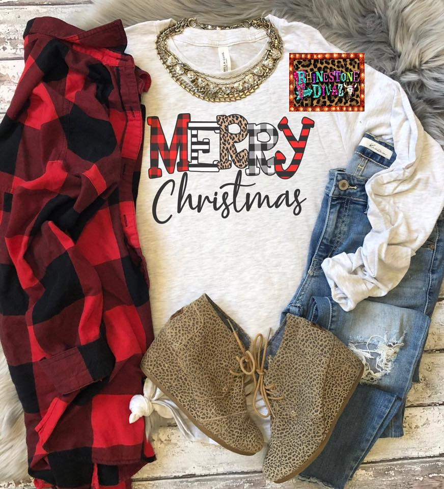 Plaid/Leopard Merry Christmas Vneck SHORT SLEEVE