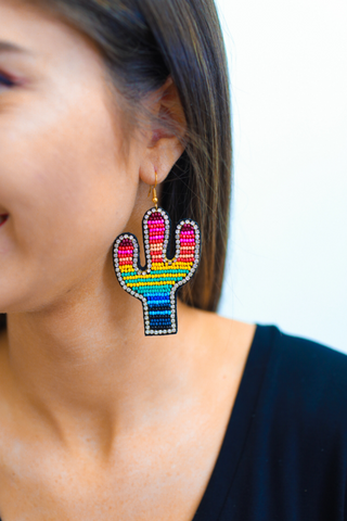 Beaded Rhinestone Cactus Earrings