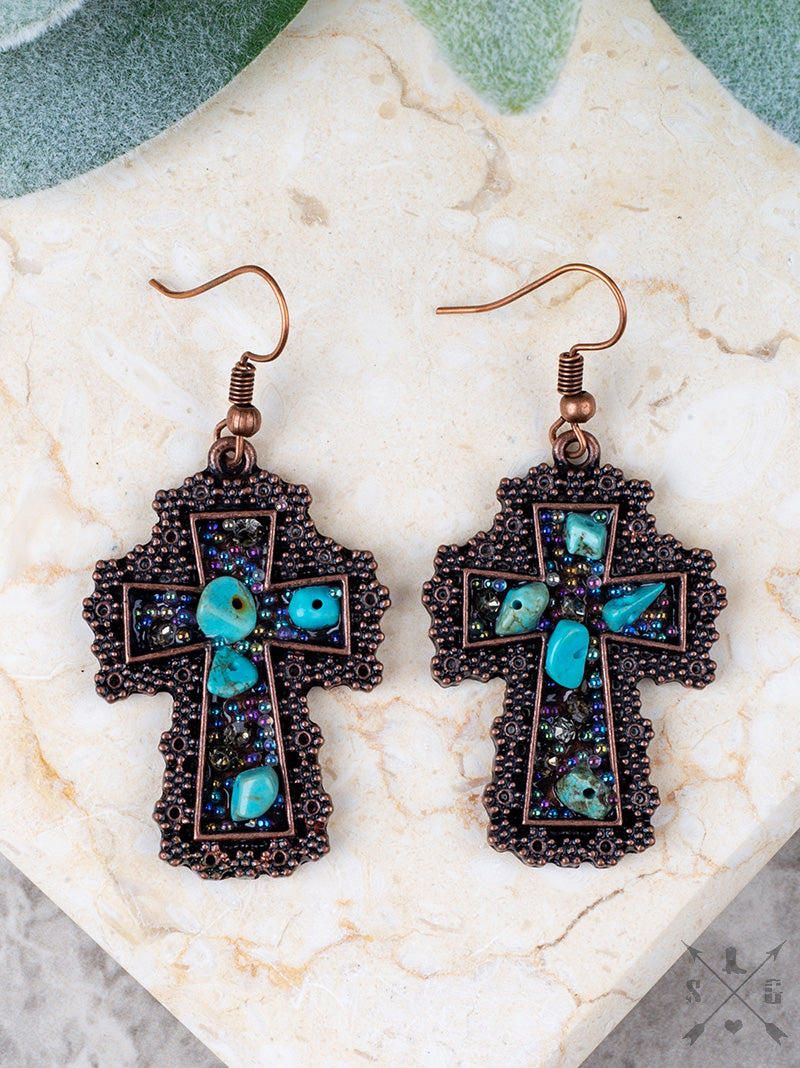 Beaded/Turquoise Stone Cross Earrings