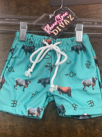 Turquoise Cow Brand Swim Trunks