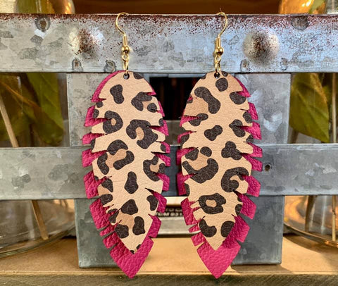 Hot Pink/Leopard Banana Leaf Earrings