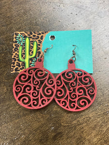 Red Wood Ornament Earrings
