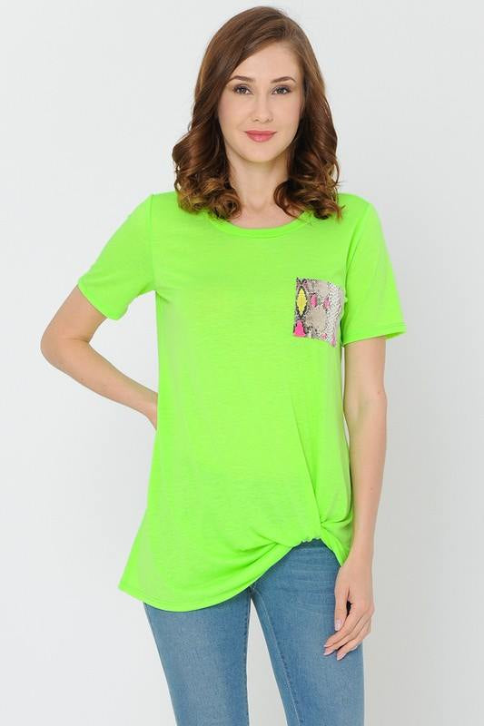 Neon Green Tee With Multi Color Snake Pocket