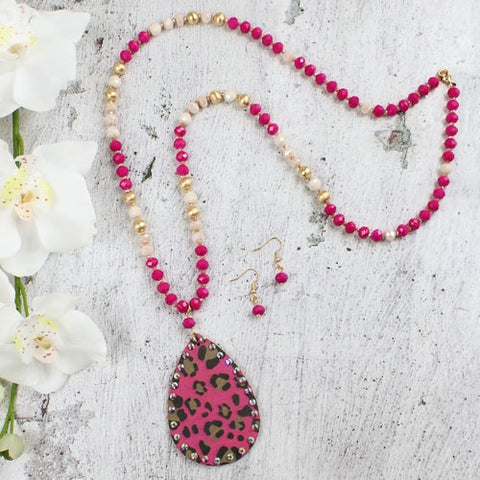 Hot Pink Leopard Beaded Necklace