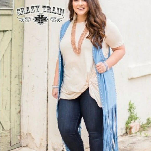 Blue Suede Fringe Studded Vest